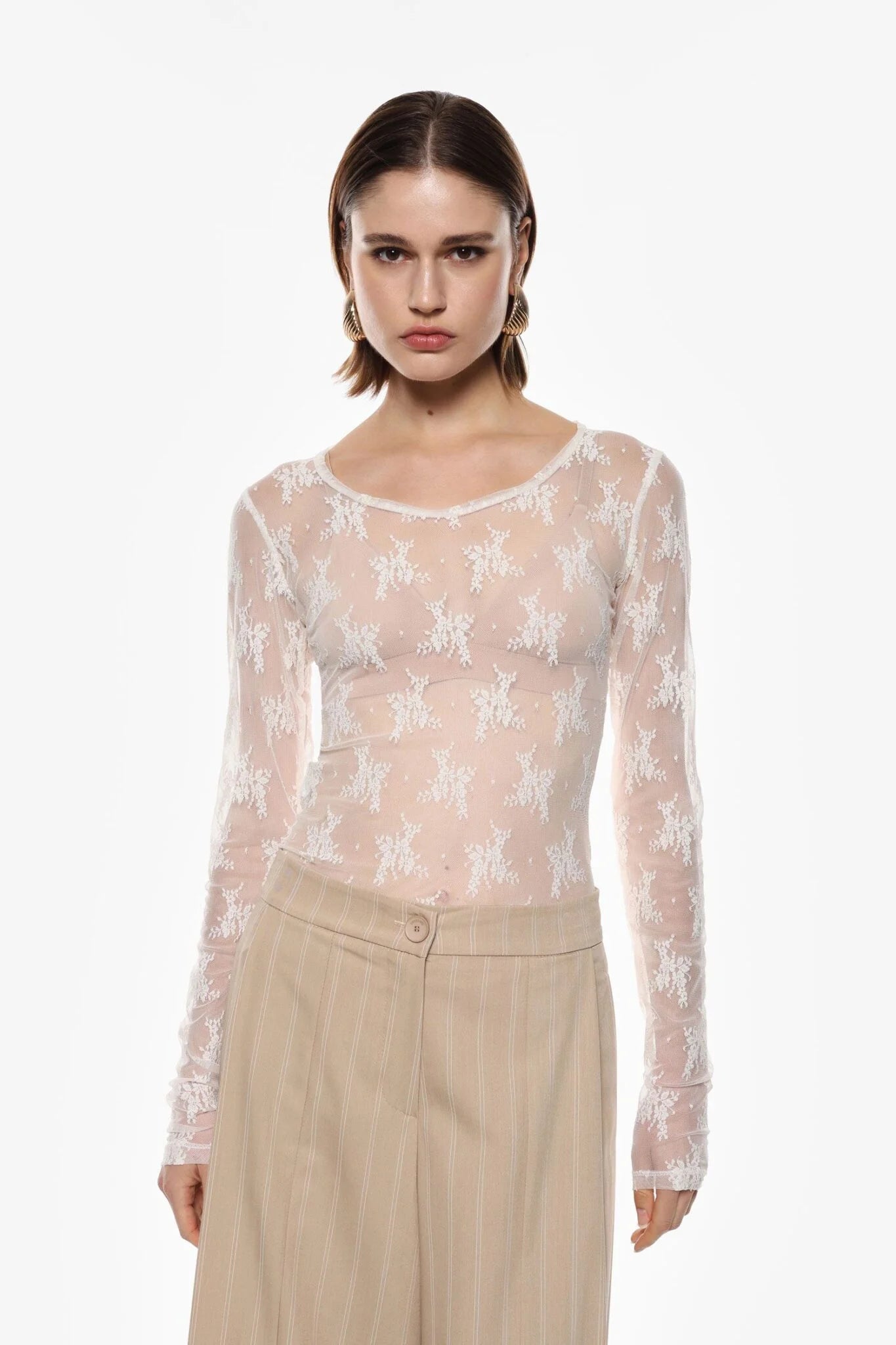 Maglia panna manica lunga effetto pizzo