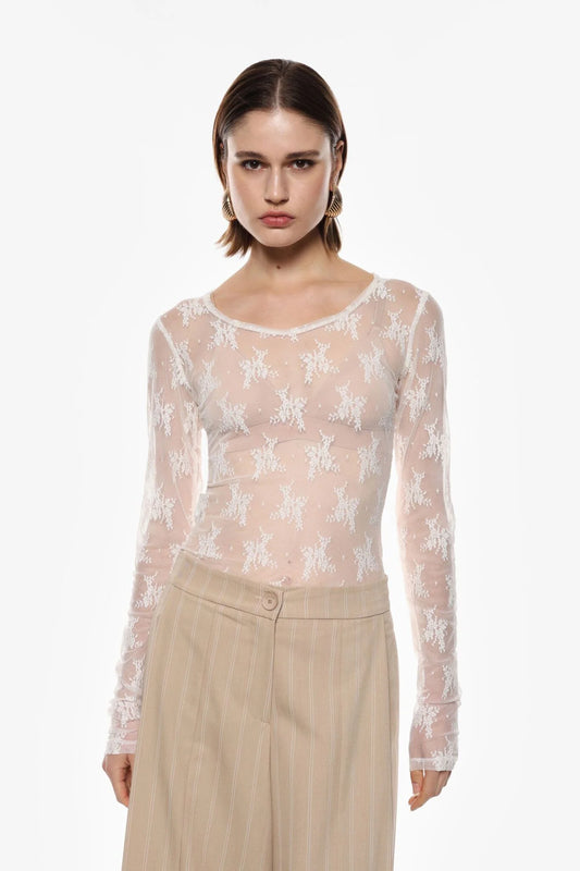 Maglia panna manica lunga effetto pizzo