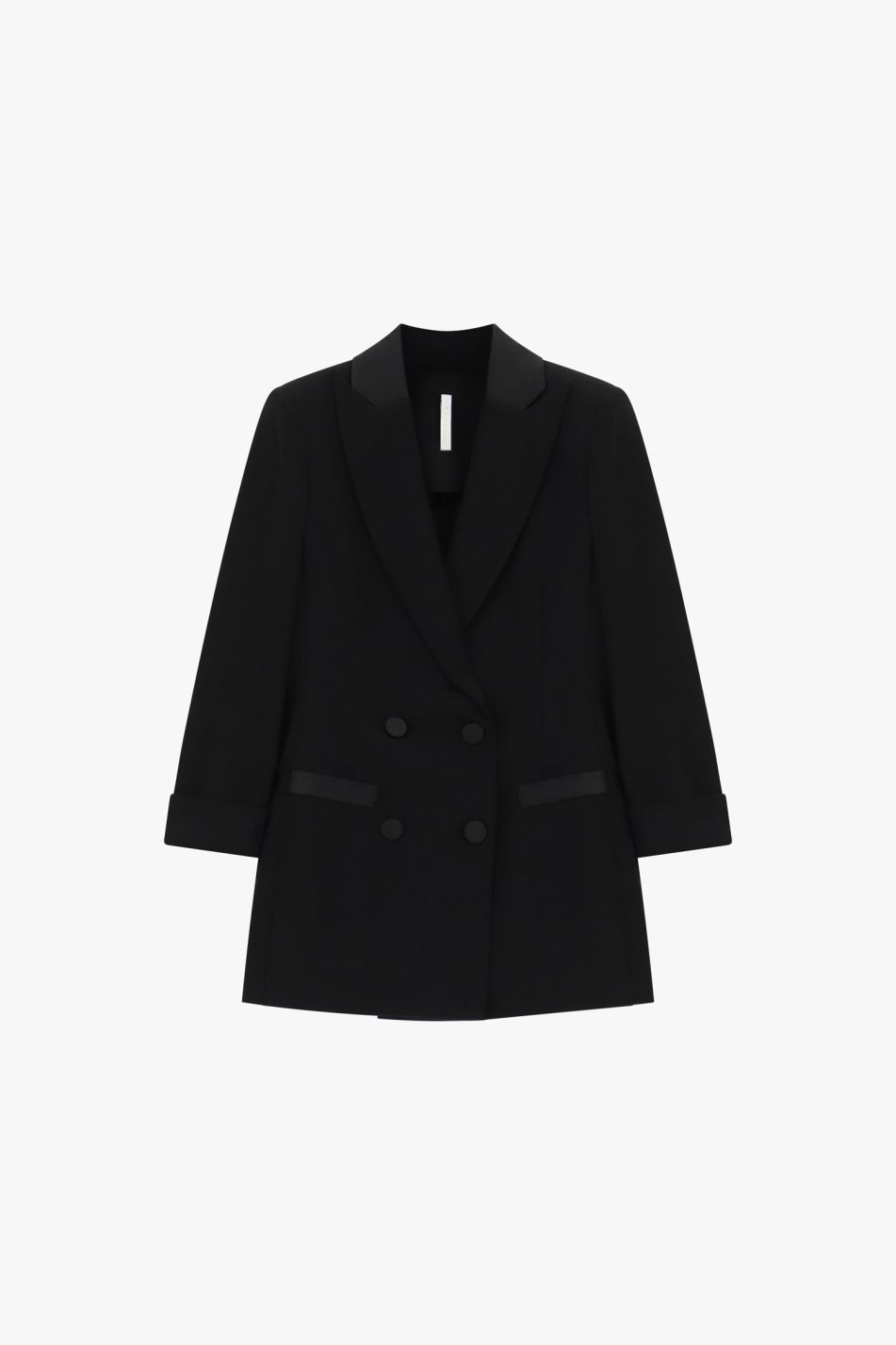 Tailleur nero con blazer doppiopetto e pantaloni svasati