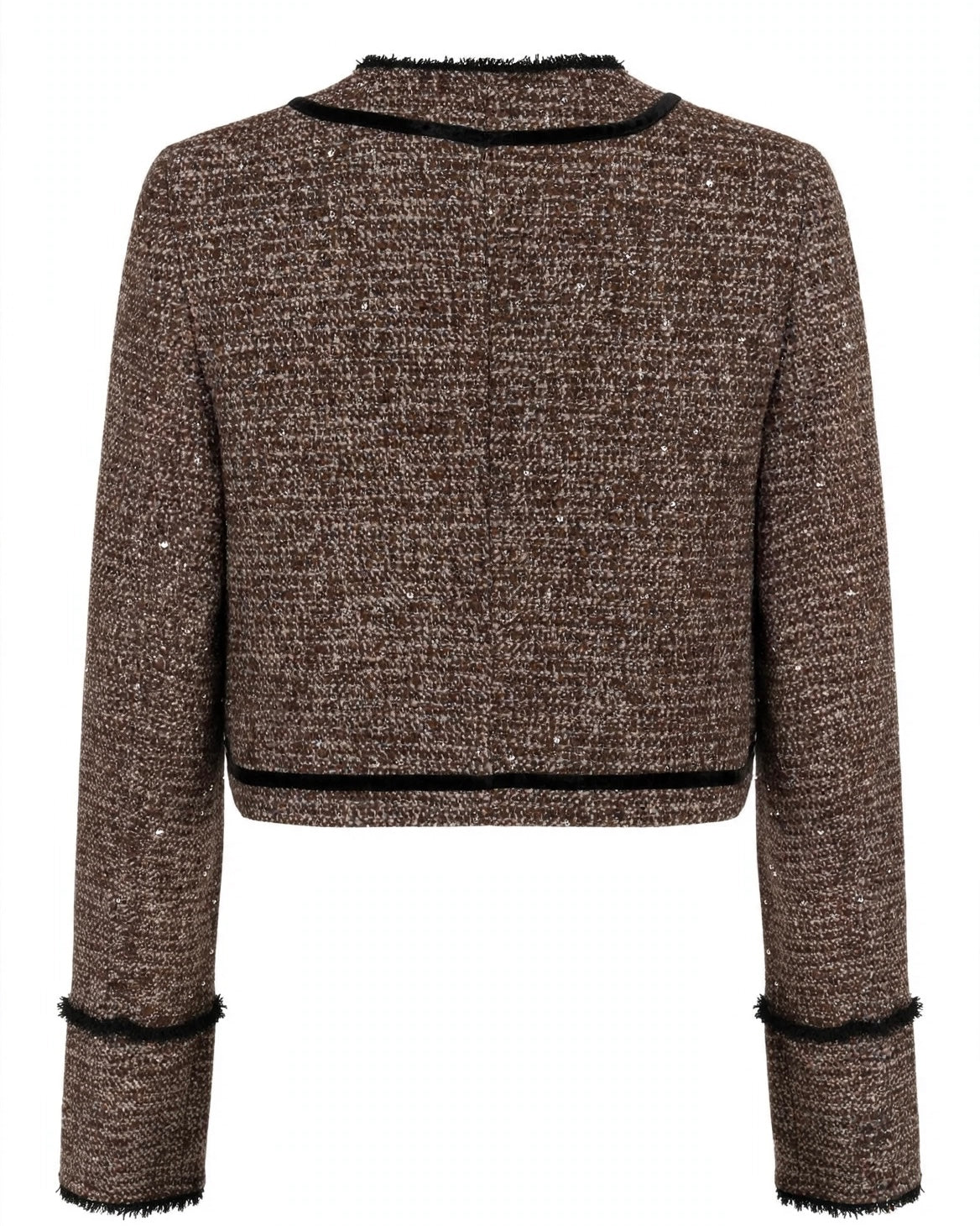 Completo moro in tweed giacca corta con taschini e bottoni in velluto e gonna corta a pieghe