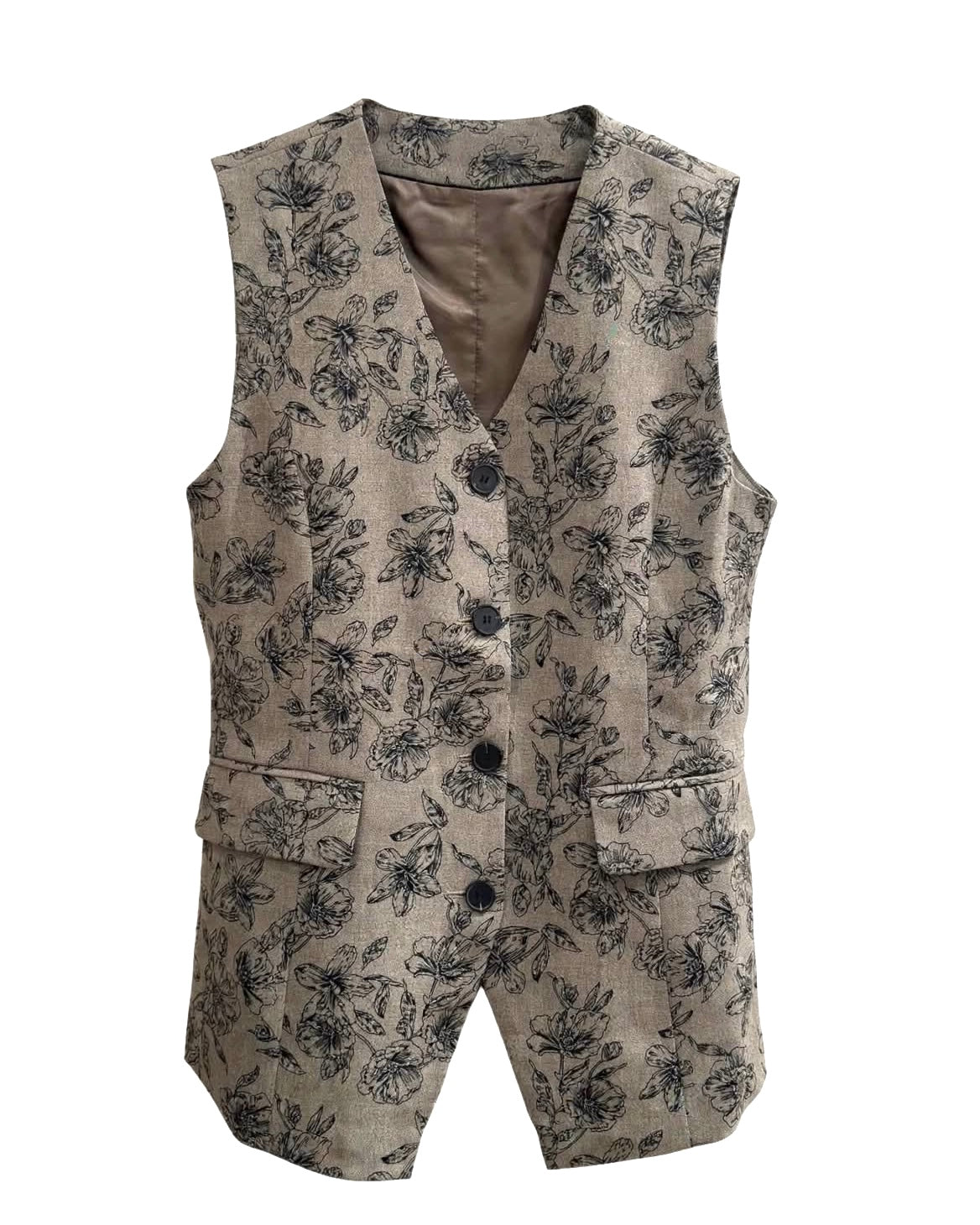 Completo grigio a fiori e gilet smanicato con cinturina e pantalone