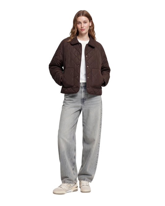 Short dark brown puffer jacket with small pockets
