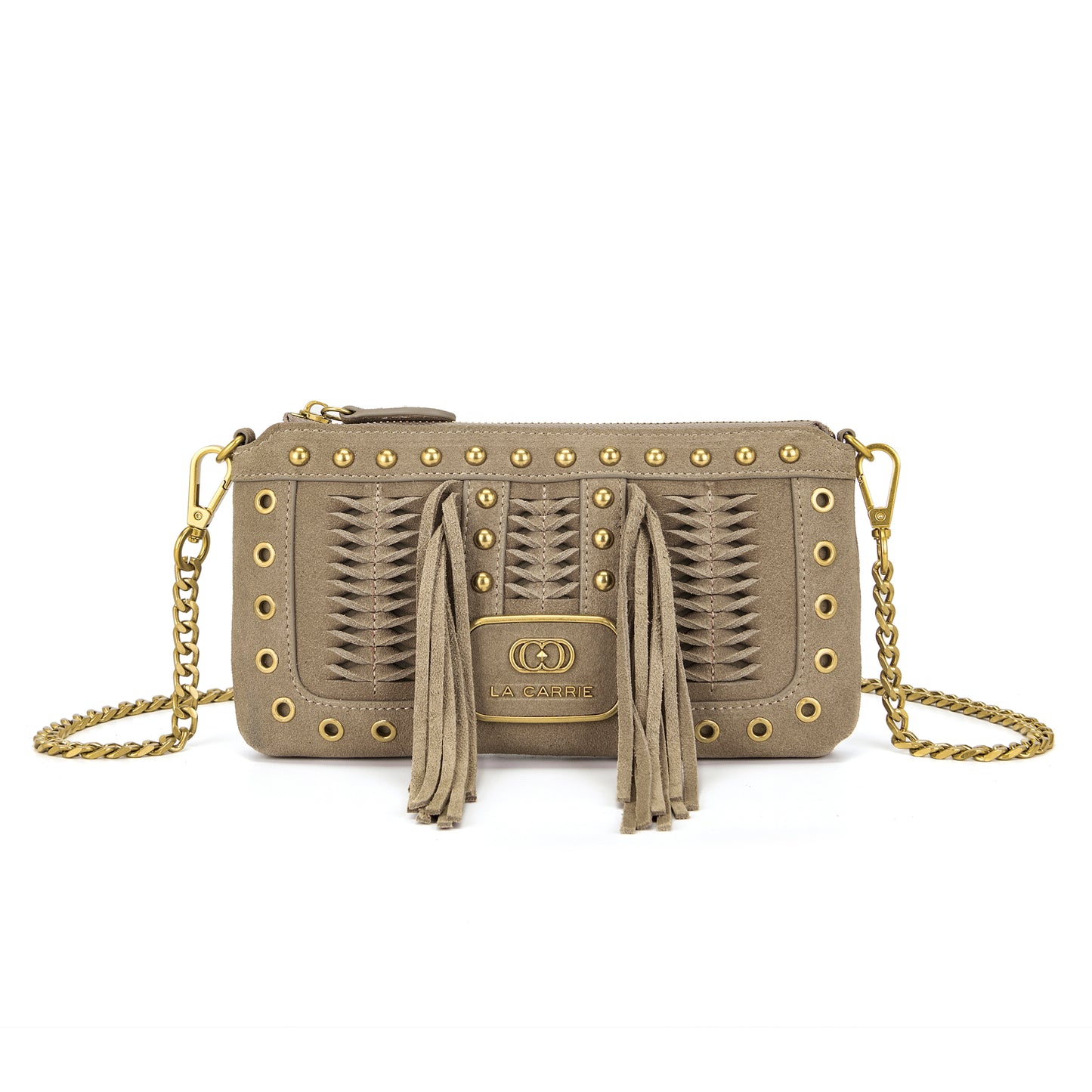 Pochette con frange suede taupe
