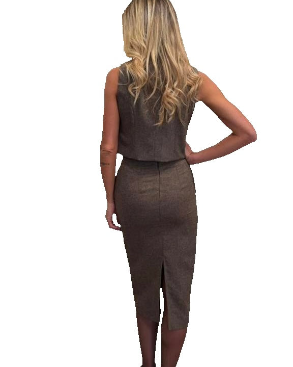 Sand suit with vest and midi skirt