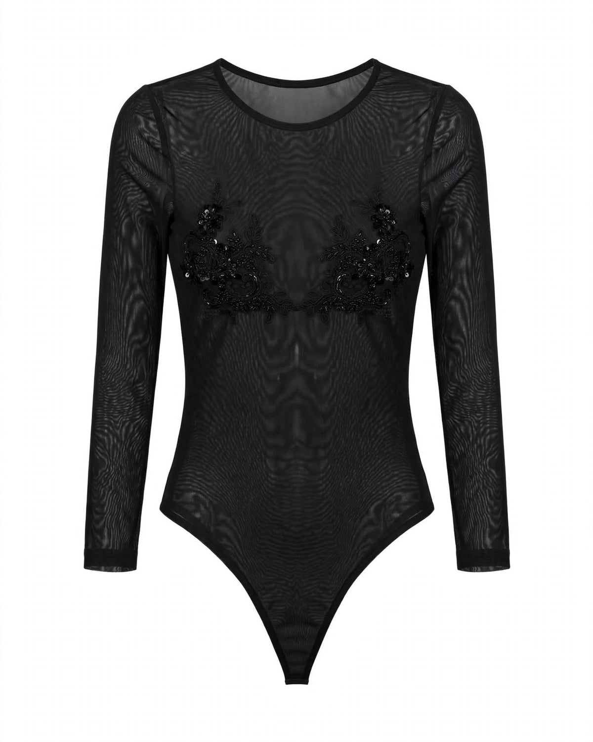 Body nero effetto velo con decorazioni di strass e perline