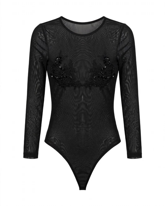 Body nero effetto velo con decorazioni di strass e perline