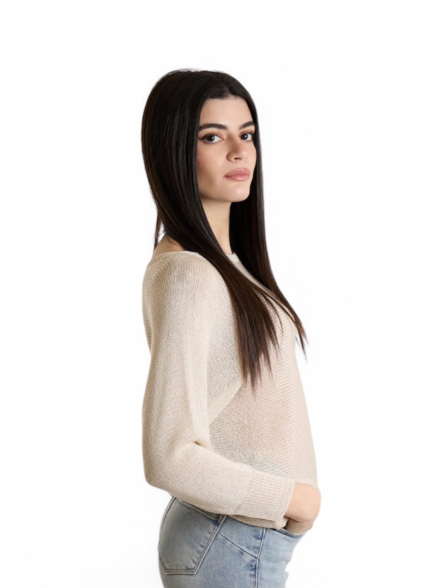 Maglia traforata con goccia sul retro color sabbia