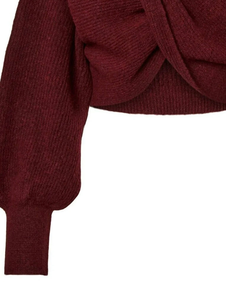 Maglione crop bordeaux con incrocio sulla parte davanti