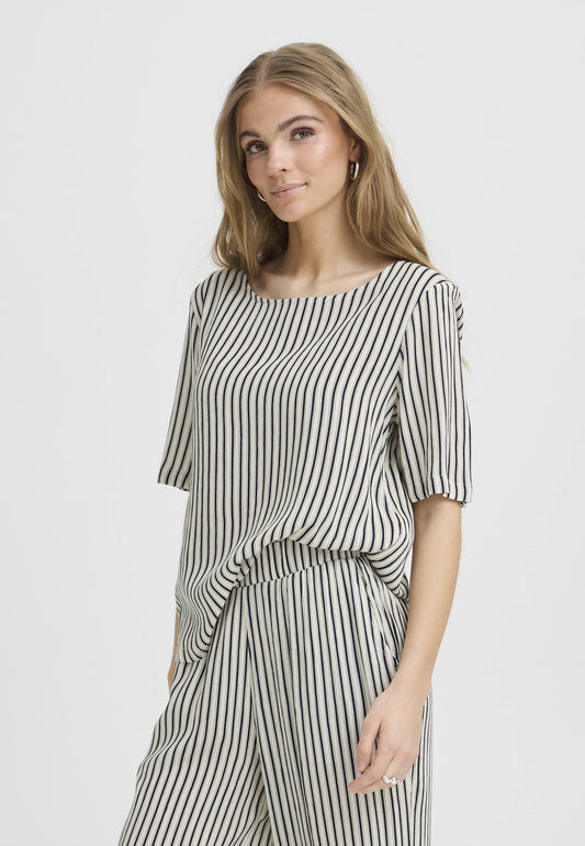 Completo a righe panna e blu maglia e pantalone con laccetto laterale