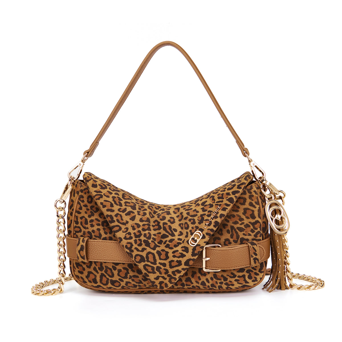Borsa a tracolla suede stampa animalier con dettagli in ecopelle cuoio