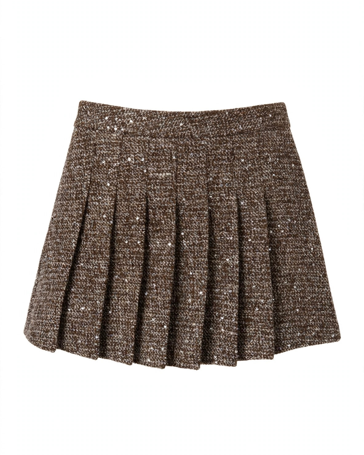 Completo moro in tweed giacca corta con taschini e bottoni in velluto e gonna corta a pieghe