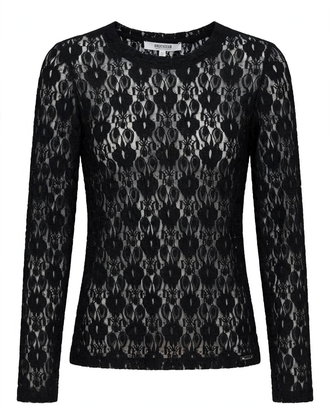 Completo in pizzo nero maglia con scollatura tonda e gonna lunga con gonnellino foderato