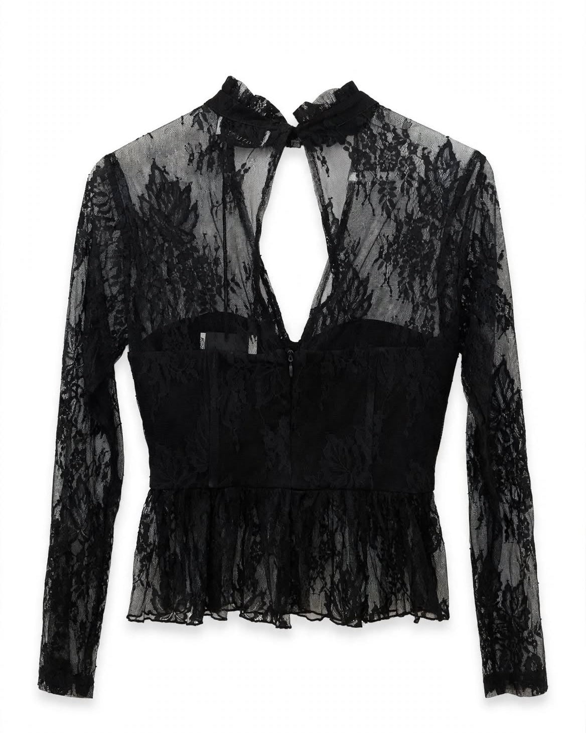 Top nero manica lunga con coppe effetto pizzo