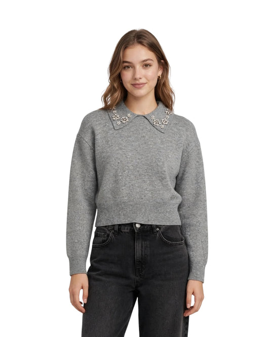 Grey sweater with stone and bead collar