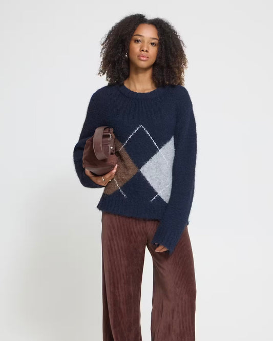 Blue/brown diamond-pattern sweater with crew neck