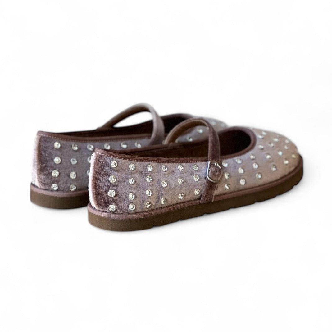 Ballerina velvet taupe con strass e cinturino
