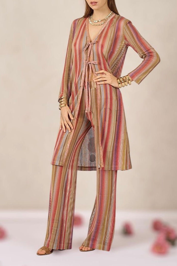 Completo con cardigan multicolor in maglia e pantalone