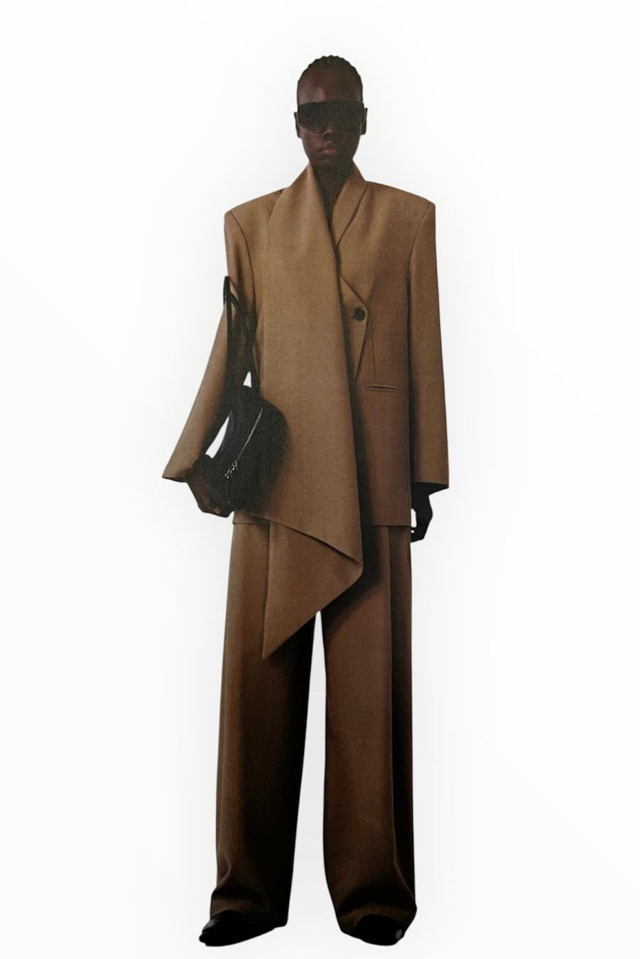 Tailleur colore oliva con giacca asimmetrica e pantalone palazzo