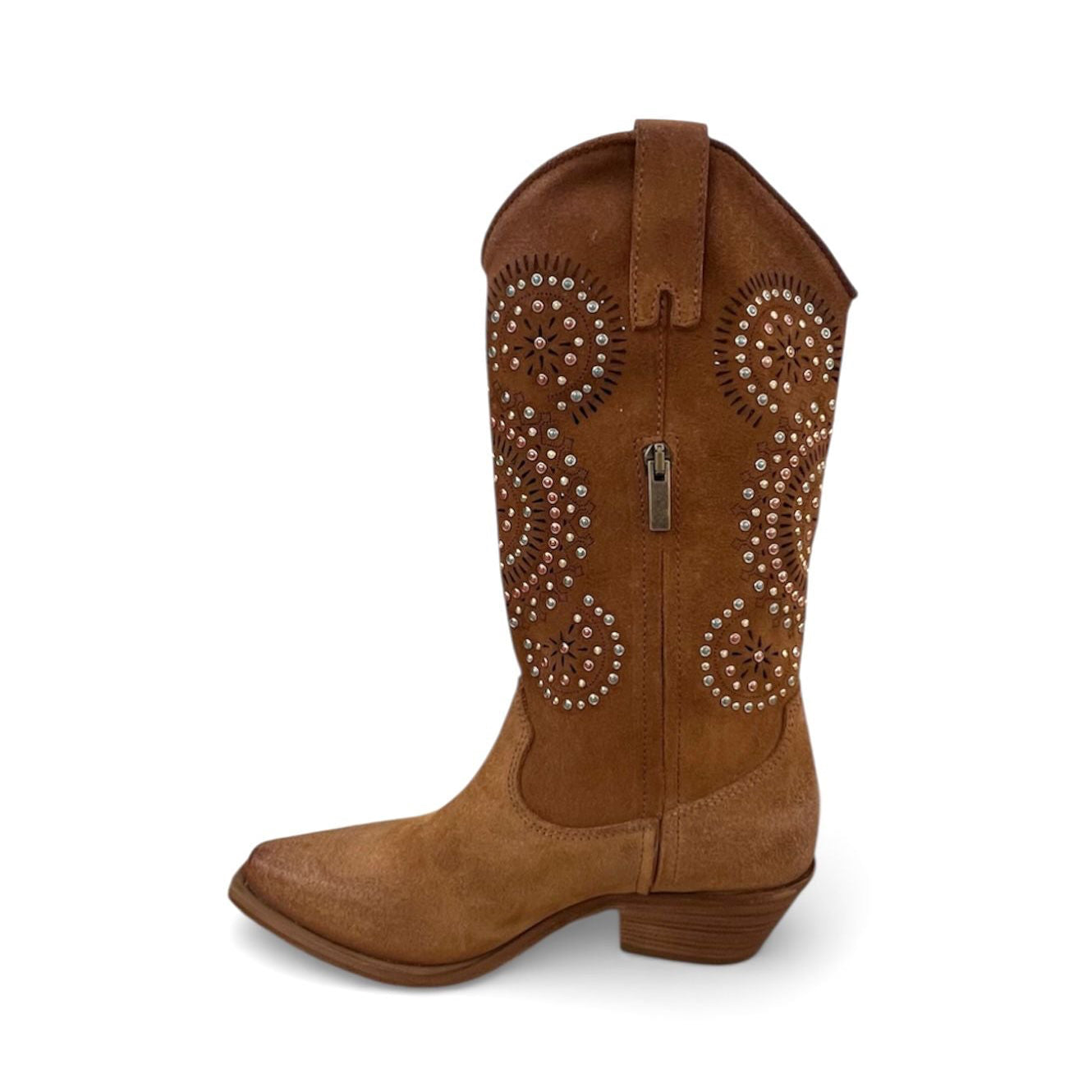 Texano in camoscio cuoio con borchie multicolor