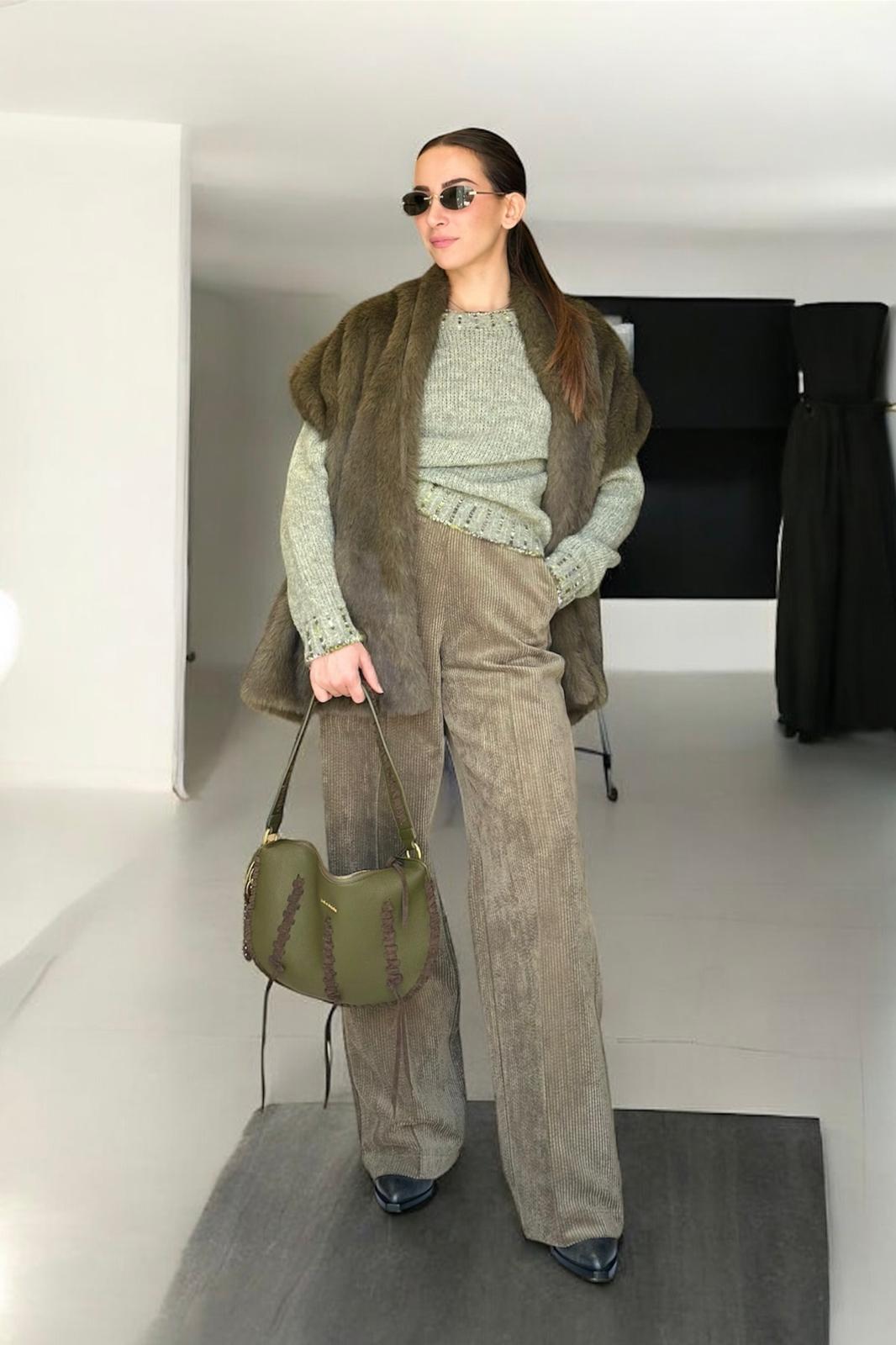 Pantalone palazzo verde militare in velluto a costine