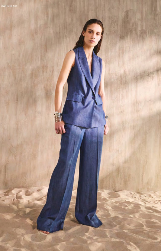 Completo effetto denim con gilet lungo e pantalone palazzo